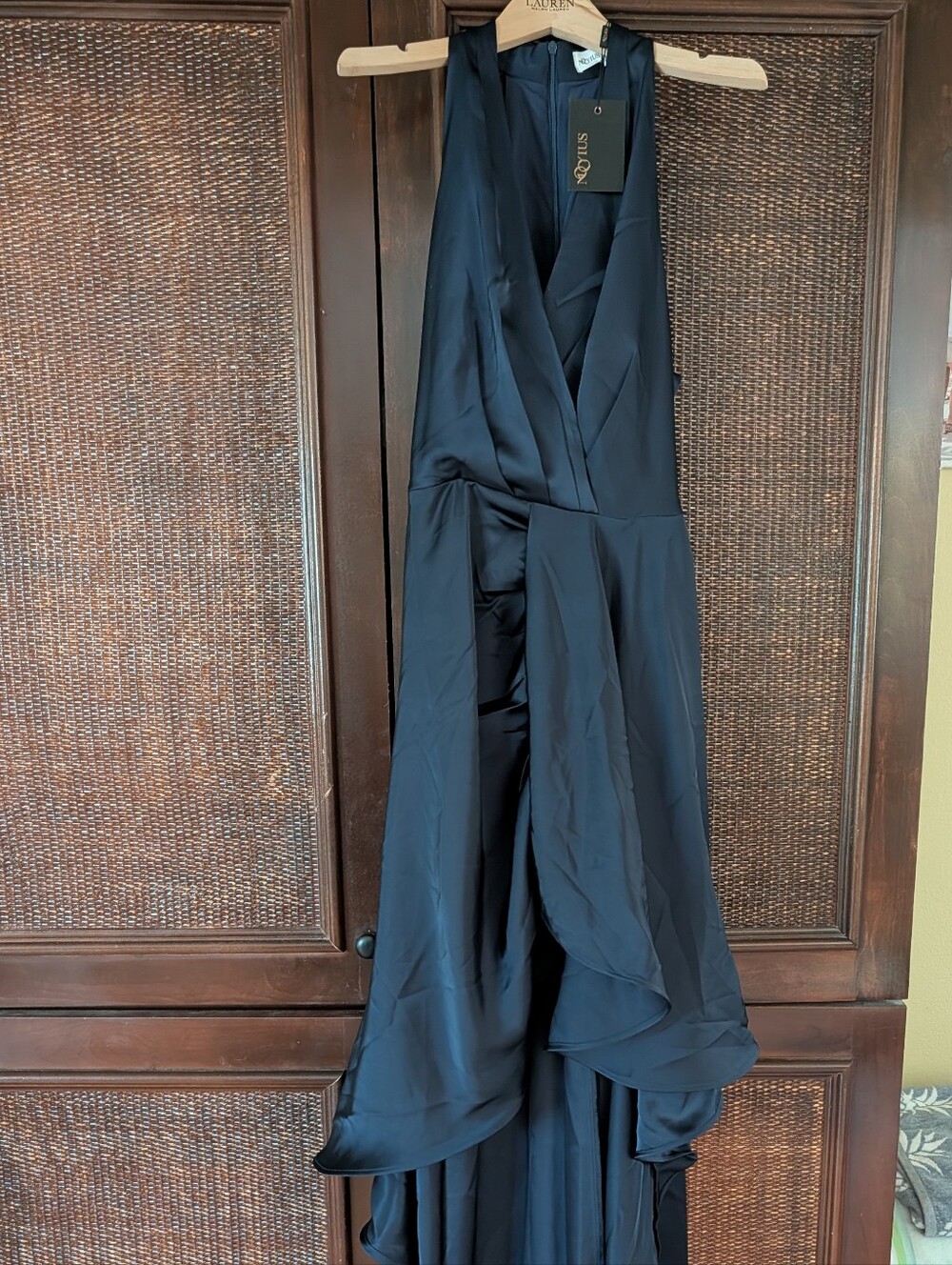 Satin Navy Blue Wrap-Front Wedding Guest Dress